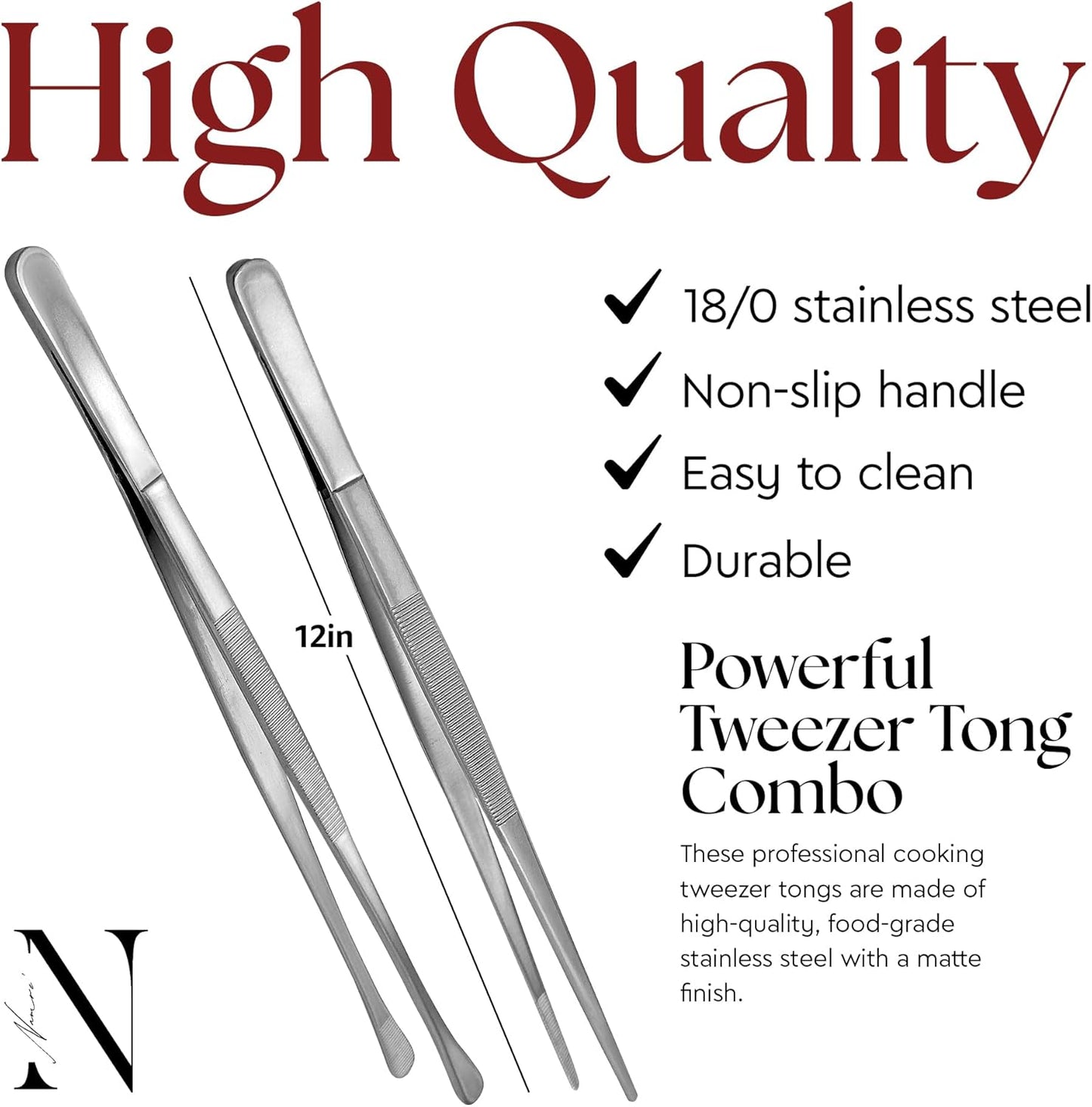 Namre' Tweezer Tongs for Cooking -Plating Tweezers - 2 Pack Stainless Steel Cooking Tongs - Thin Chopstick Tongs (Silver)