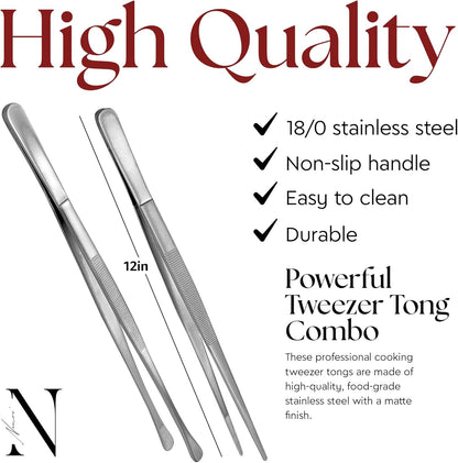 Namre' Tweezer Tongs for Cooking -Plating Tweezers - 2 Pack Stainless Steel Cooking Tongs - Thin Chopstick Tongs (Silver)