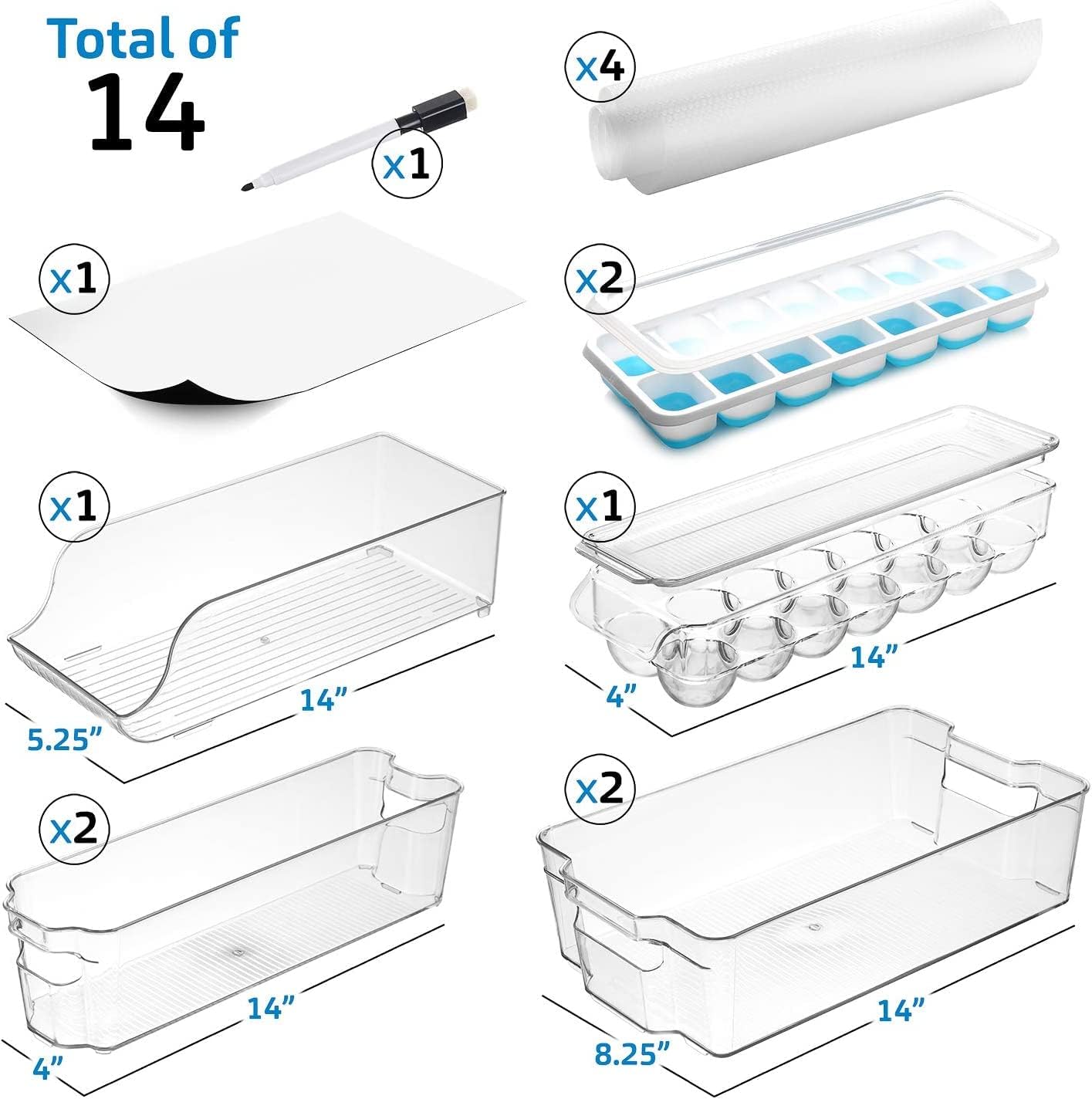 Hearth & Harbor Fridge Organizer Bins - Set of 14 Clear Bins For Refrigerator, Freezer, Kitchen Cabinets, Pantry, Storage Or Organization - Durable, Stackable Containers With Handles