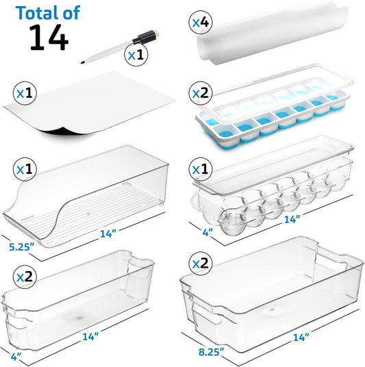 Hearth & Harbor Fridge Organizer Bins - Set of 14 Clear Bins For Refrigerator, Freezer, Kitchen Cabinets, Pantry, Storage Or Organization - Durable, Stackable Containers With Handles