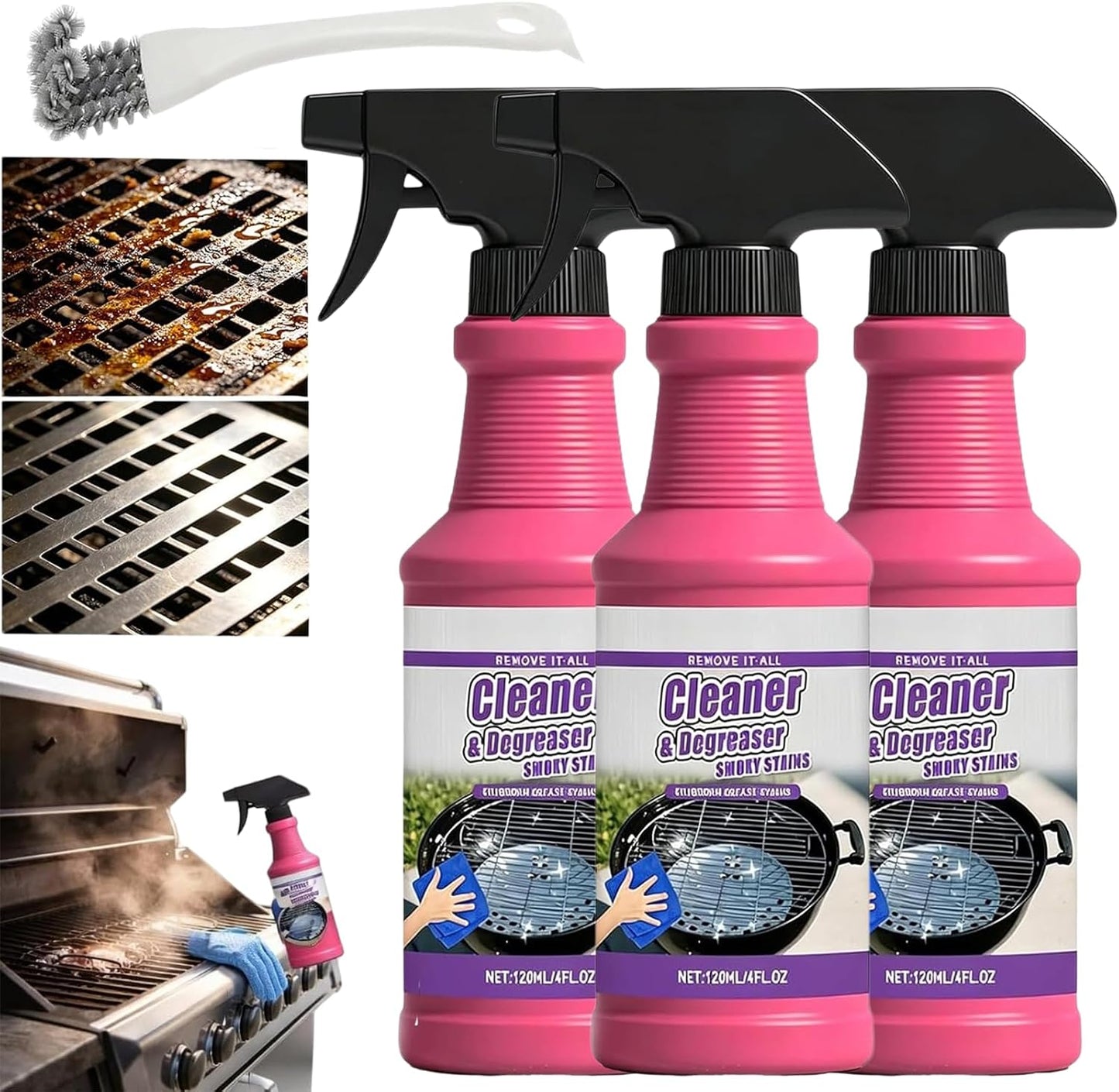 Fast-Acting Heavy-Duty Grill Degreaser Spray, BBQ Cleaner for Grates and Smoker, 120 MLAdvanced Grease Dissolver and Stain Remover for Grills Grates Burners Drip Trays (1PCS)