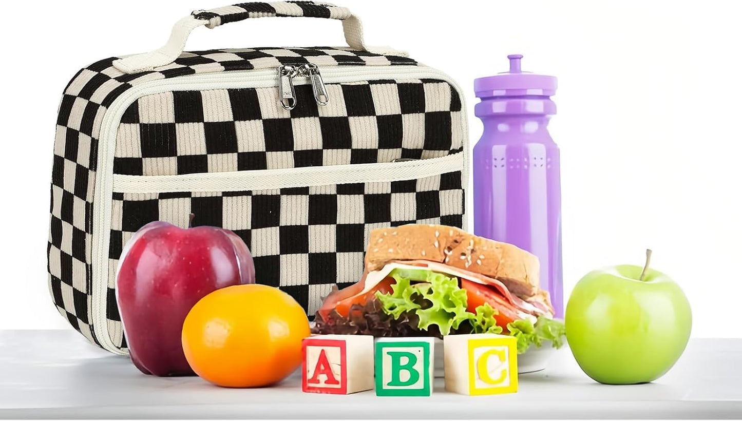 Bluboon Insulated Lunch Bag for Girls & Boys, Corduroy School Lunch Box with Cooler & Organizer Compartments, Leak-Proof Lunch Tote for School, Travel (Corduroy Strawberries Beige)