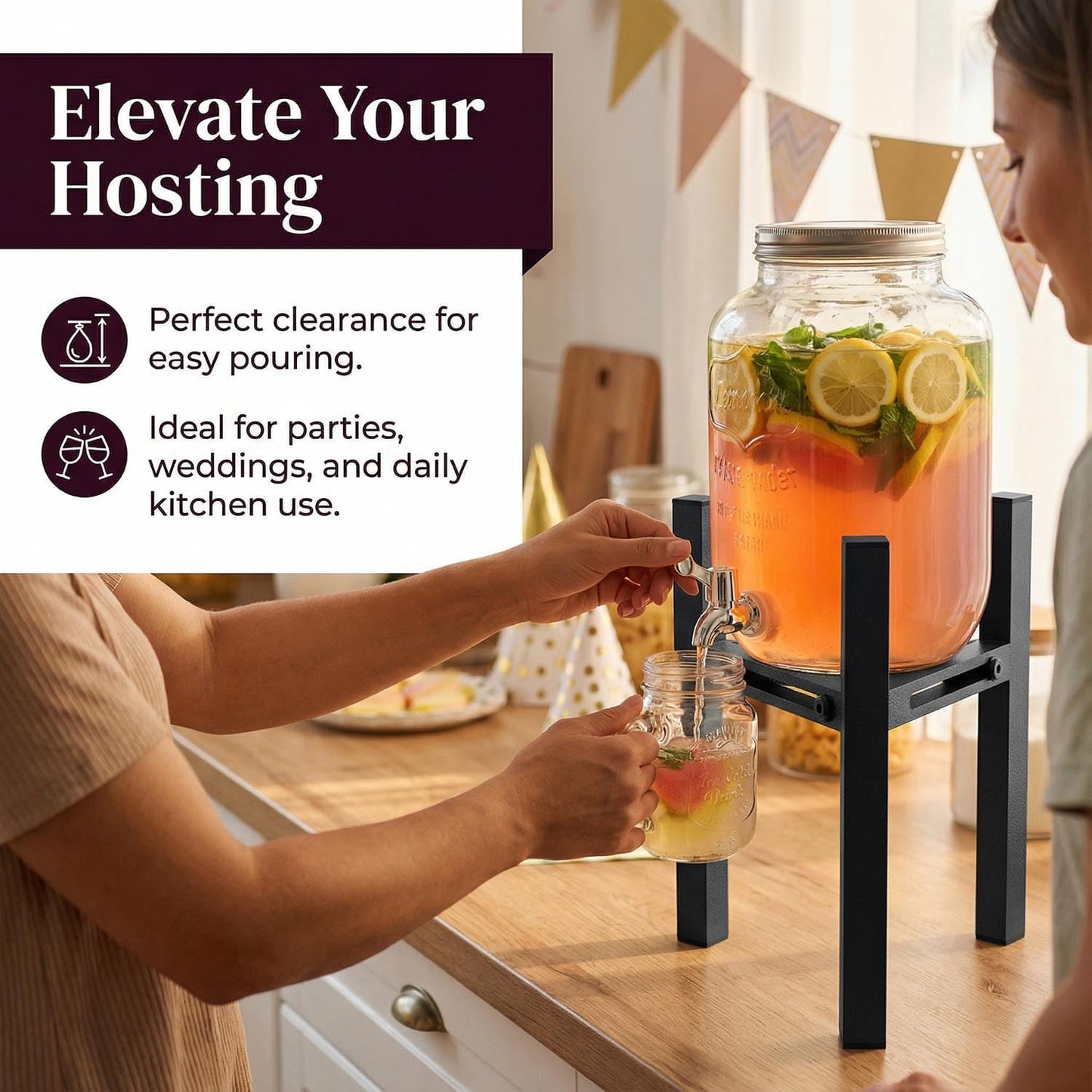 Adjustable Metal Drink Dispenser Stand Holder for 1-1.5 Gallon, Stable Beverage-Dispenser Stand for Indoor Outdoor (Without Drink Dispensers) (Midnight Black)