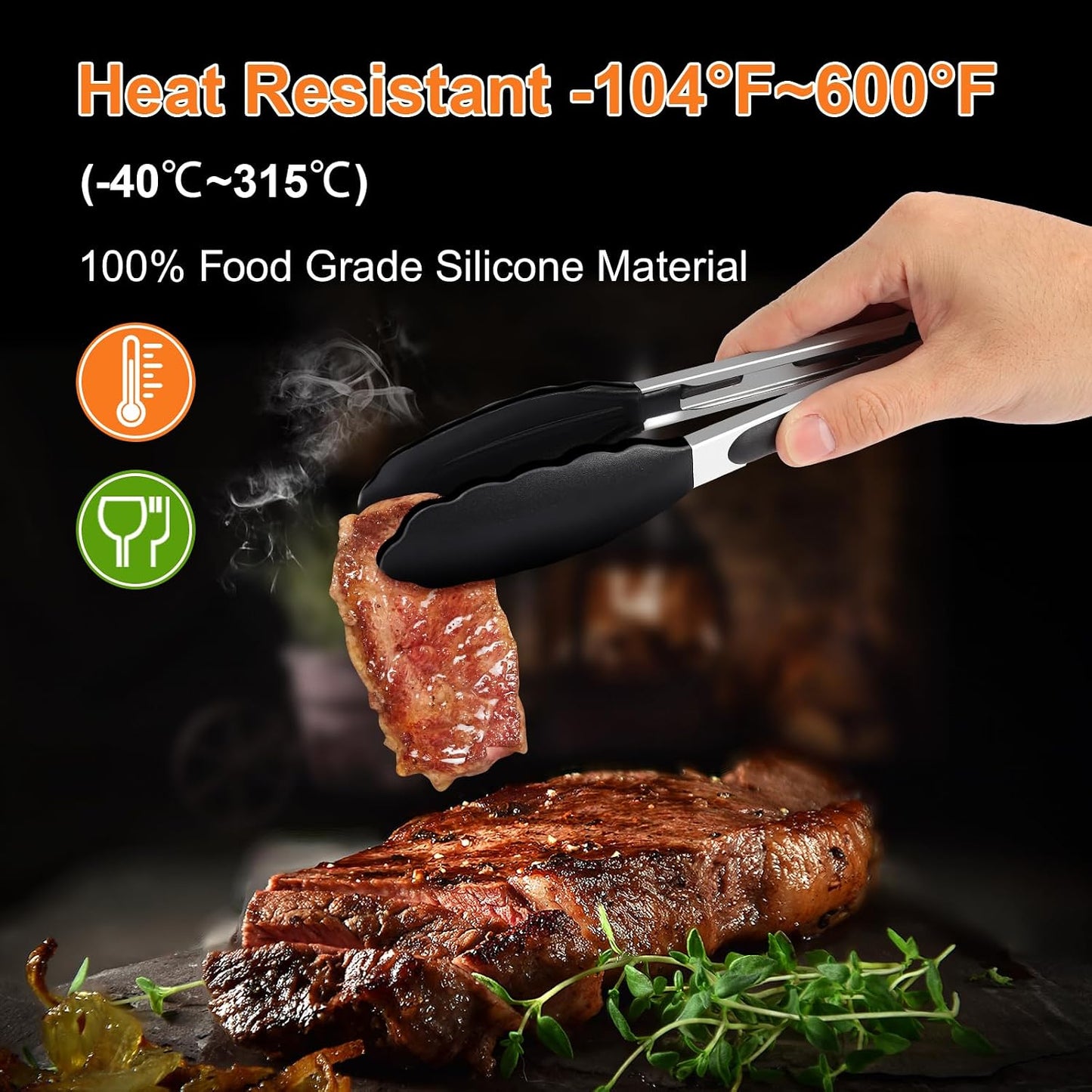 2 Pack Black Premium Stainless Steel Heat Resistant Kitchen Tongs for cooking,set of 9" and 12",Non Scratch Silicone cooking Tong Tip for Cooking Pans,Strong Grip BBQ tongs for Grabbing Hot Food
