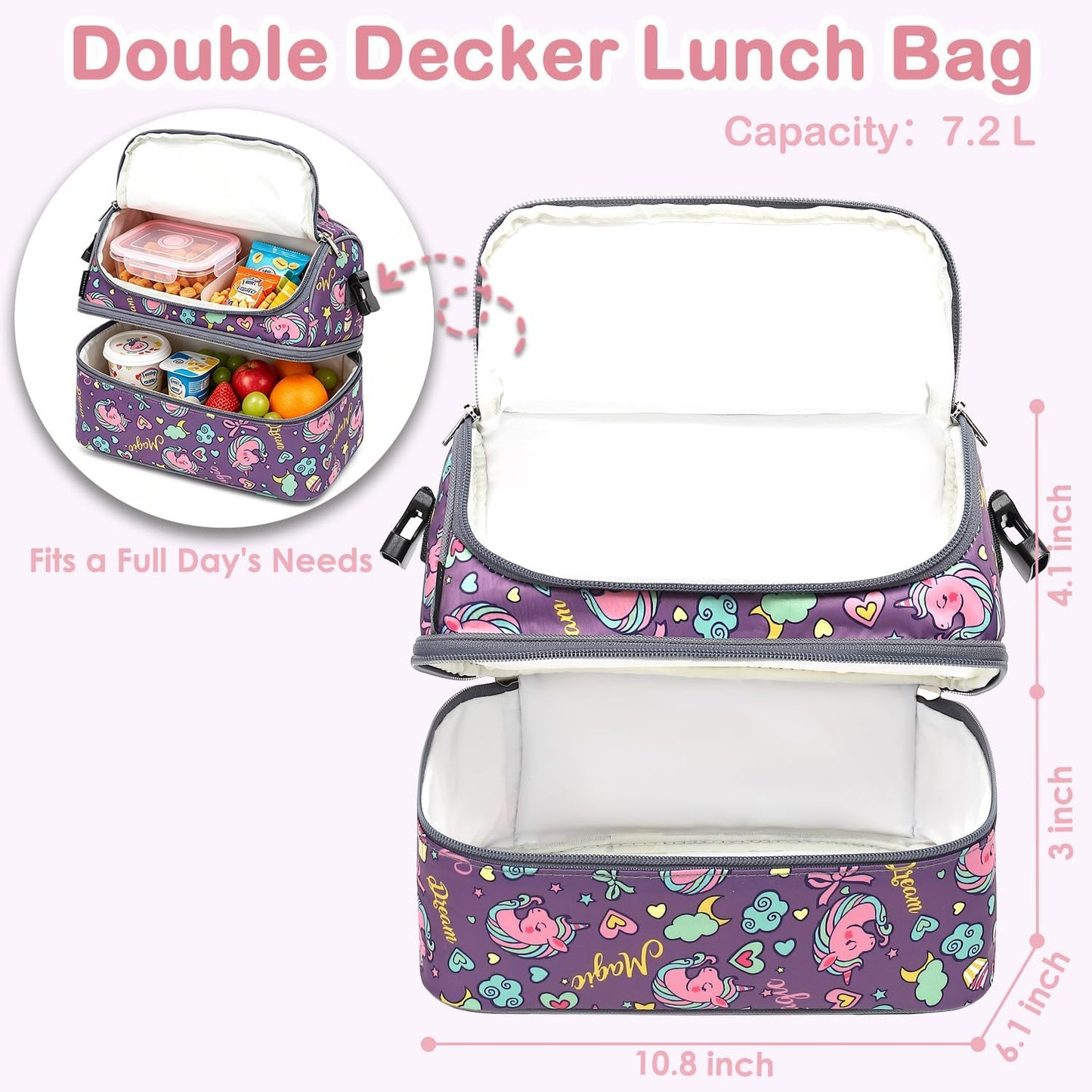 FlowFly Kids Double Decker Cooler Insulated Lunch Bag Large Tote for Boys, Girls, Men, Women, With Adjustable Strap, Unicorn