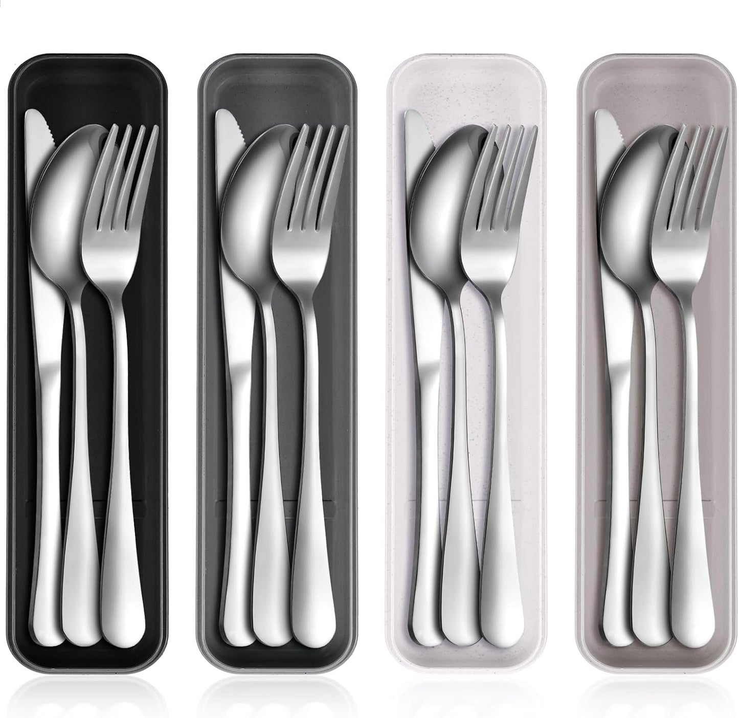 Yinkin 4 Pack Portable Travel Utensils Set with Case Reusable Stainless Steel Silverware Flatware Camping Cutlery Include Fork Spoon Knife for Work School Dishwasher Safe(White, Green, Red, Black)