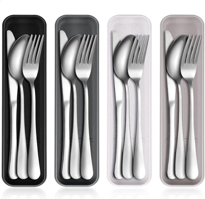 Yinkin 4 Pack Portable Travel Utensils Set with Case Reusable Stainless Steel Silverware Flatware Camping Cutlery Include Fork Spoon Knife for Work School Dishwasher Safe(White, Green, Red, Black)