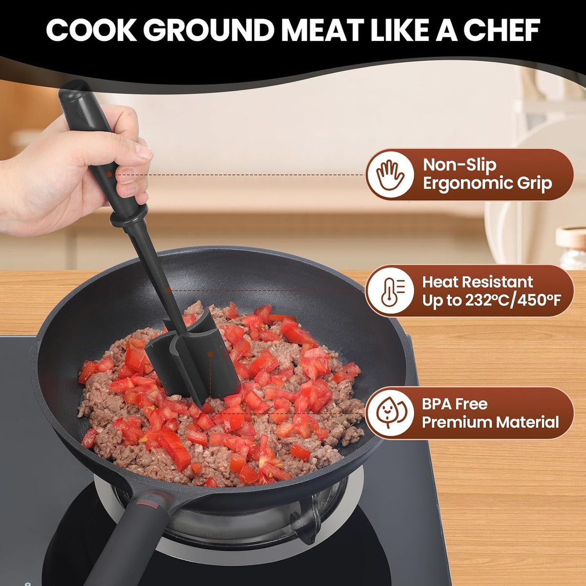 CUNSENR Meat Chopper, Ground Beef Masher, Hamburger Smasher Tool, Black