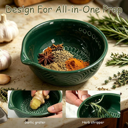 Grater Plate, 3 in 1 Handmade Tool Ceramic Bowl with Herb Stripper (Gray)