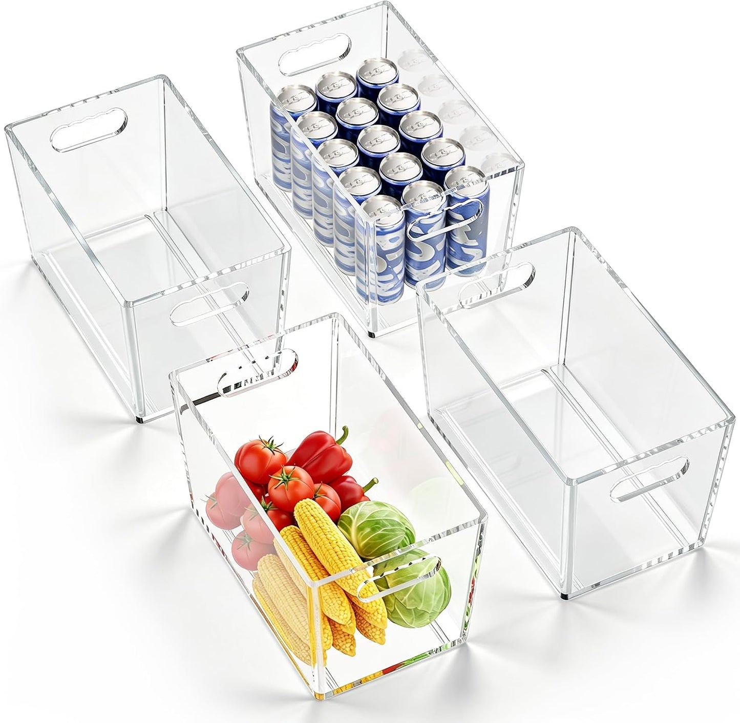 4 Pack Clear Storage Bins, PET Pantry Organizers & No-Tip Storage Containers with Cutout Handles for Fridge Freezer Kitchen Cabinet Closet Countertop, Nestable Open Top Organization Bins Save Space