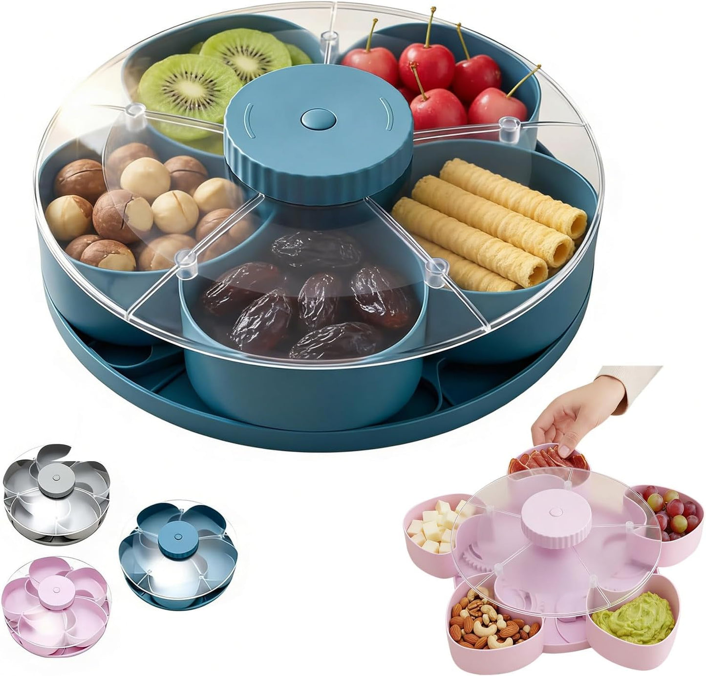 Rotating Snack Tray with Lid – 5 Compartment Divided Serving Tray That Spins, Non-Slip Base, 1 Cup Each Section, Rotating Snack Box Container for Parties, Taco Bars & Movie Nights Blue 2