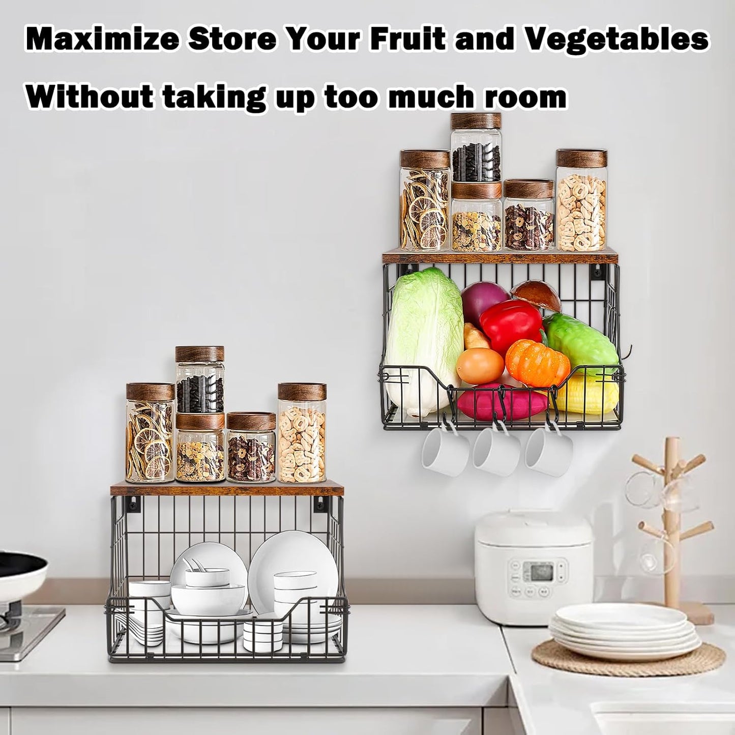 Livabber Fruit Basket for Kitchen, Metal Fruit Vegetable Storage Bin with 2 Banana Hangers, Countertop Wire Basket Organizer for Snack Potato Onion, Screw Mounted or Stand (Black, 1 Pack)