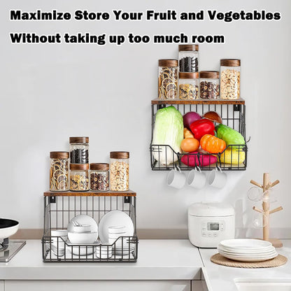 Livabber Fruit Basket for Kitchen, Metal Fruit Vegetable Storage Bin with 2 Banana Hangers, Countertop Wire Basket Organizer for Snack Potato Onion, Screw Mounted or Stand (Black, 1 Pack)