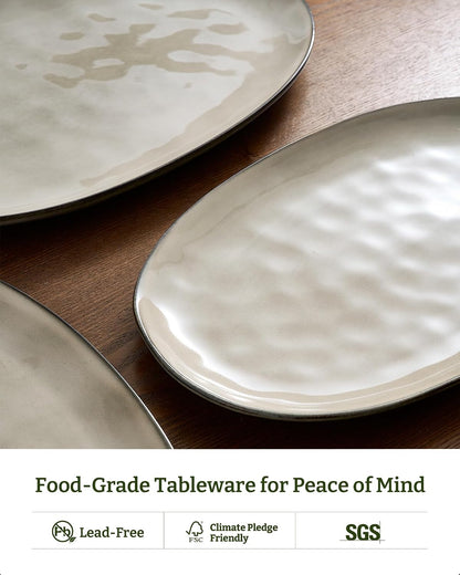 famiware Serving Platter, Oval 15.59/14.3/12.9inch Serving Dishes for Entertaining, Serving Bowls, Microwave Safe, Stoneware Serving Trays for Party, Food, Turkey, Cheese, Ocean Series, Vanilla White