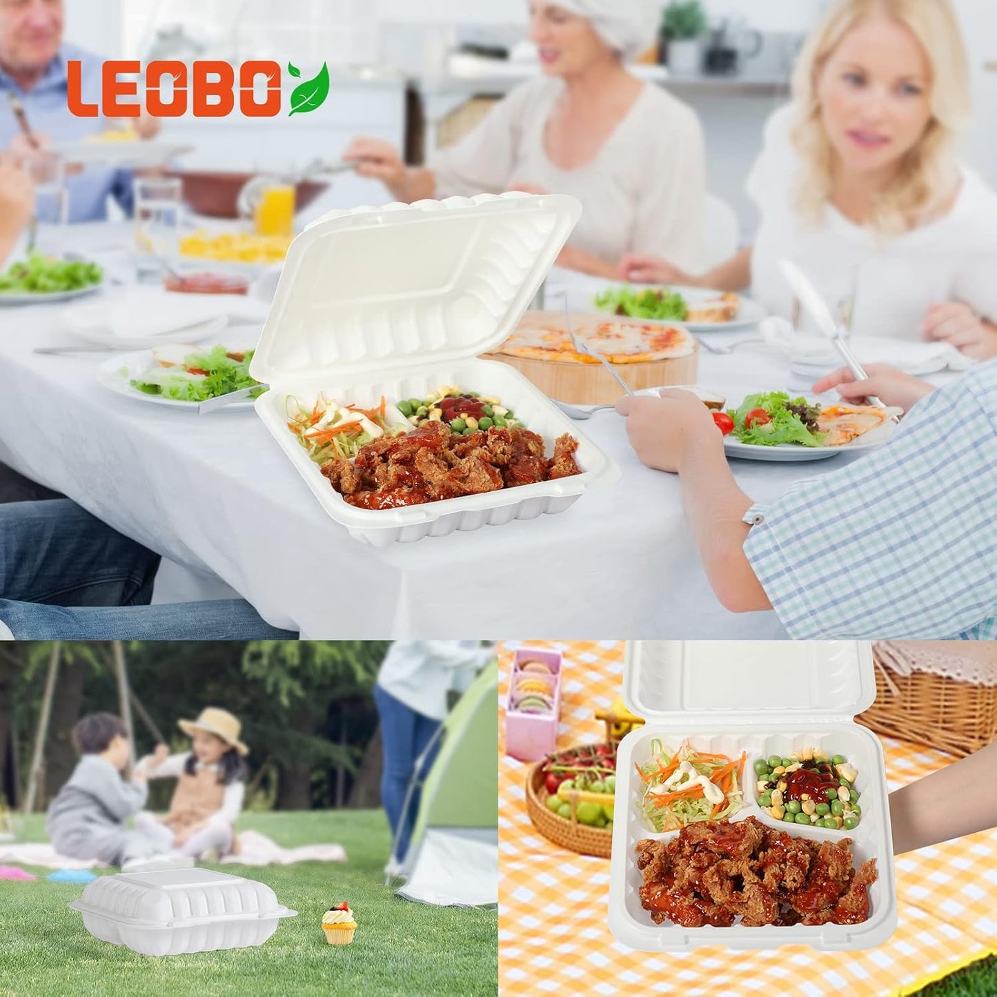 Takeout Container Mineral Filled PP Plastic - 7.8 Inch 30oz 65 Pack BPA Free 3 Compartments Shrink Wrap Bento Box | Freezer & Microwave Safe for Picnic | Black Reusable & Disposable Containers