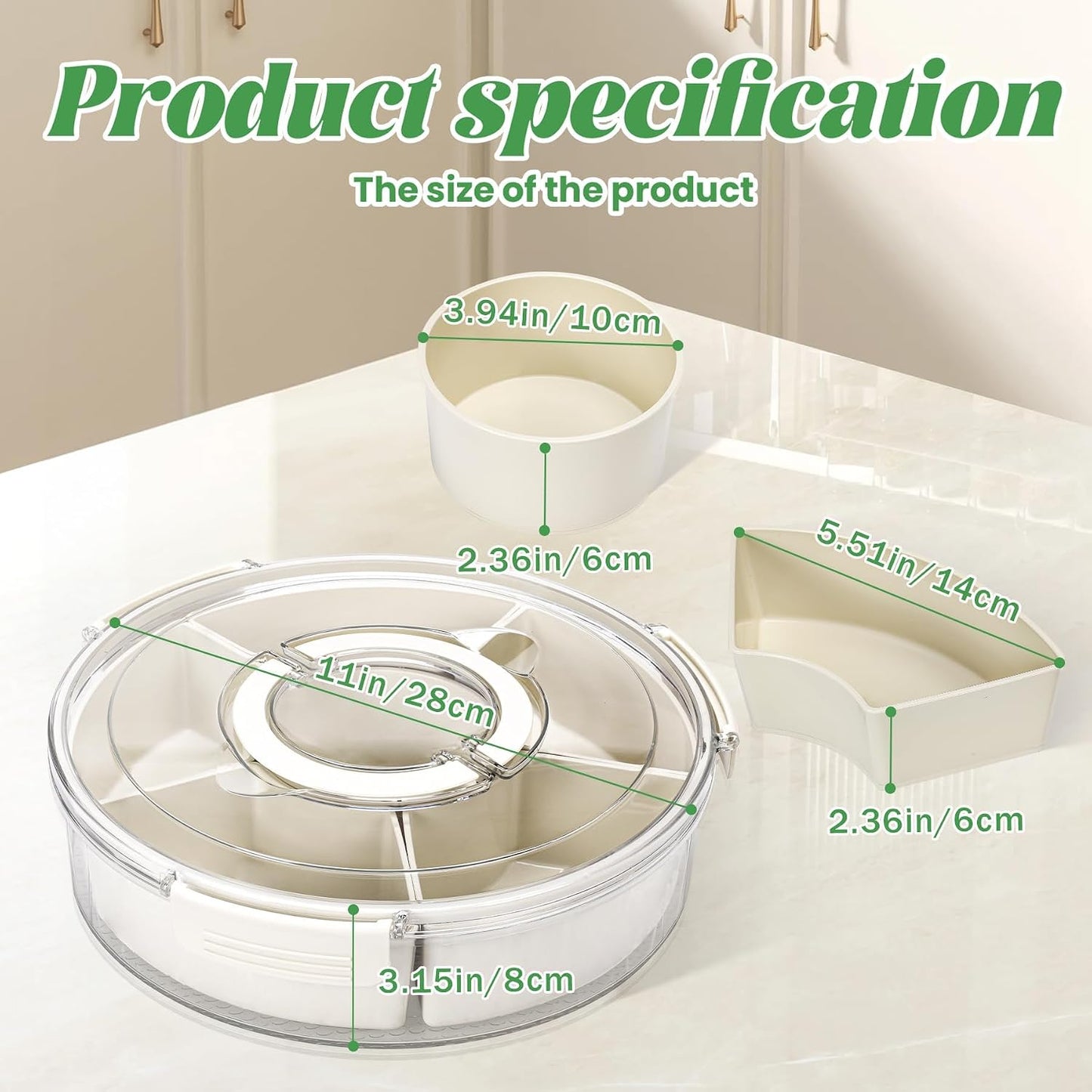 Snackle Box Container Divided Serving Tray with Lid, 6-Compartment Portable Spinning Round Stackable Container, Handle for Organize Veggies, Fruit, Candy, Party Snacks, Nuts, Kitchen Party Essentials