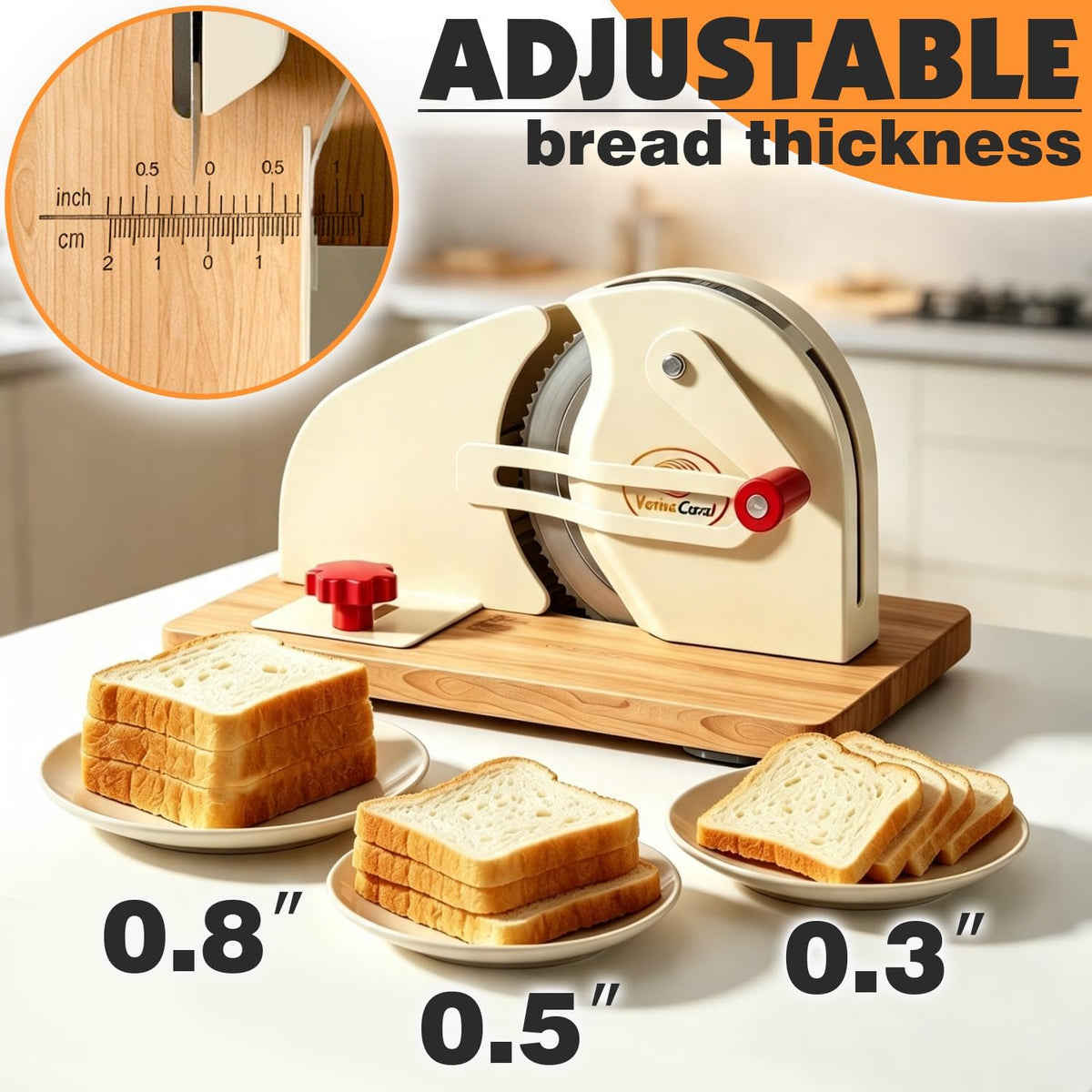 Manual Adjustable Bread Slicer Bread Cutter for Homemade Sourdough Slicer, Suction Cup Bottom, with Scale Line Plate and Food Clip and Plate(White)