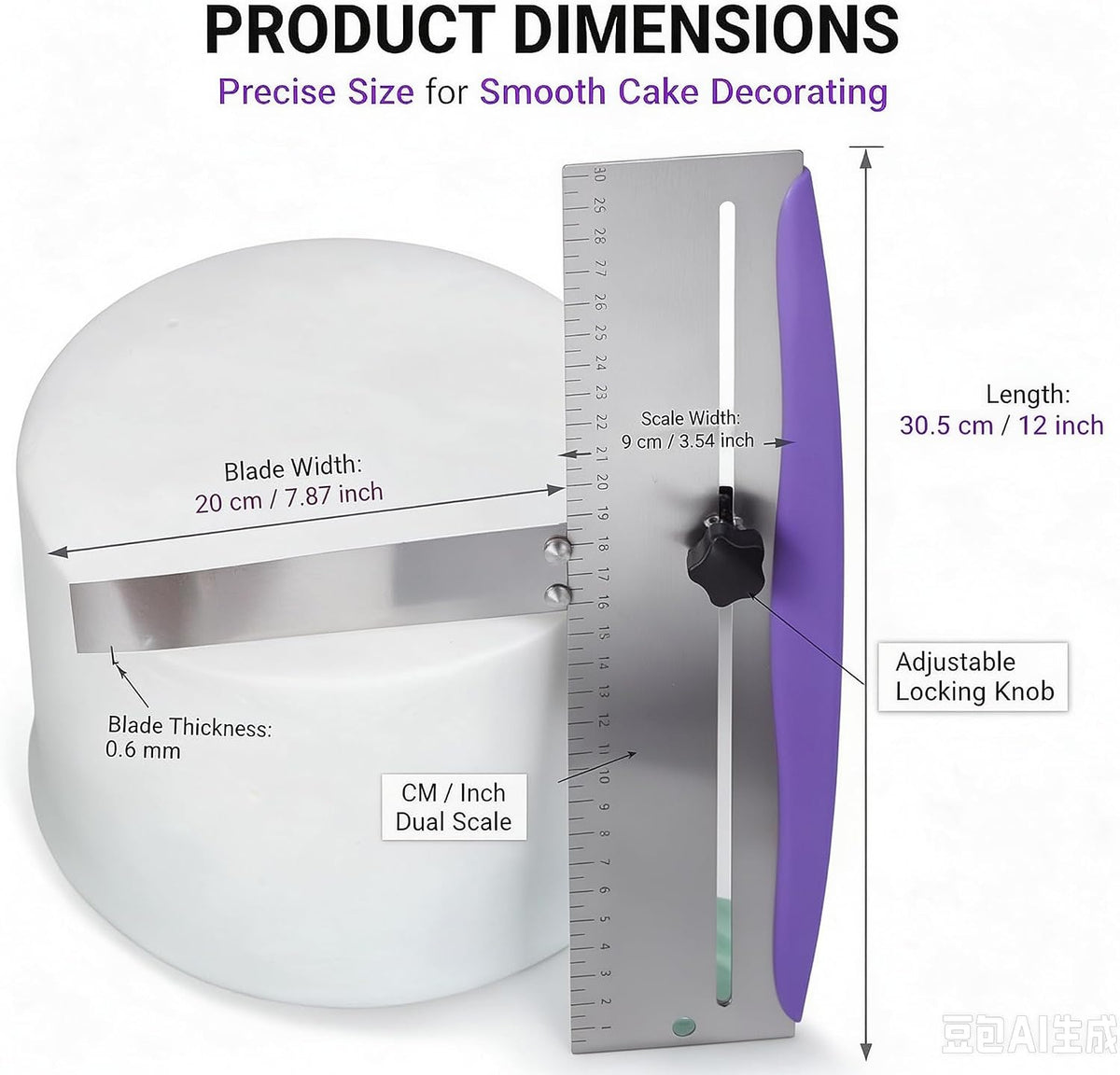 12 Inch Cake Scraper Smoother, Stainless Steel Cake Bench Scraper Decorating Tools for Icing Frosting Cream Edge - Adjustable Kitchen Spatula for Mousse, Cheese, Cream Cake (Purple)