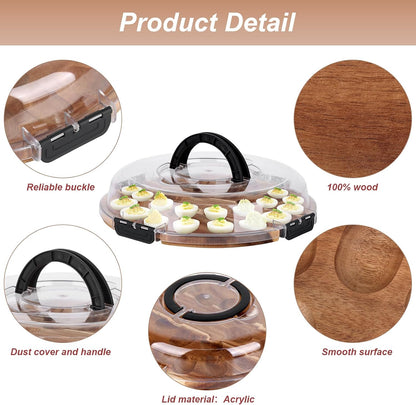 2026 Upgraded Wood Deviled Egg Platter with Lid Easter Gifts 24 Holes Round Deviled Egg Charcuterie Board Tray Holder Carrier with Egg Slicer Kitchen Tongs Piping Decorating Kit for Party Easter