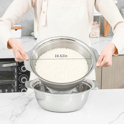 Paoli 304 Stainless Steel Fine Mesh Colander Set, 3.5QT Large Capacity Strainer with Mixing Bowl — Rinse Fruits, Veggies, Rice & Drain Pasta, Dishwasher Safe (2-Piece)