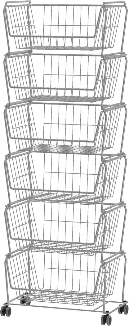 PUSDON 4-Tier Spacious Stackable Wire Storage Baskets with Wheels, Metal Rolling Utility Cart Organizer, Fruit and Vegetable Produce Basket for Kitchen Pantry, Everyday Bathroom Shelf, Silver Grey