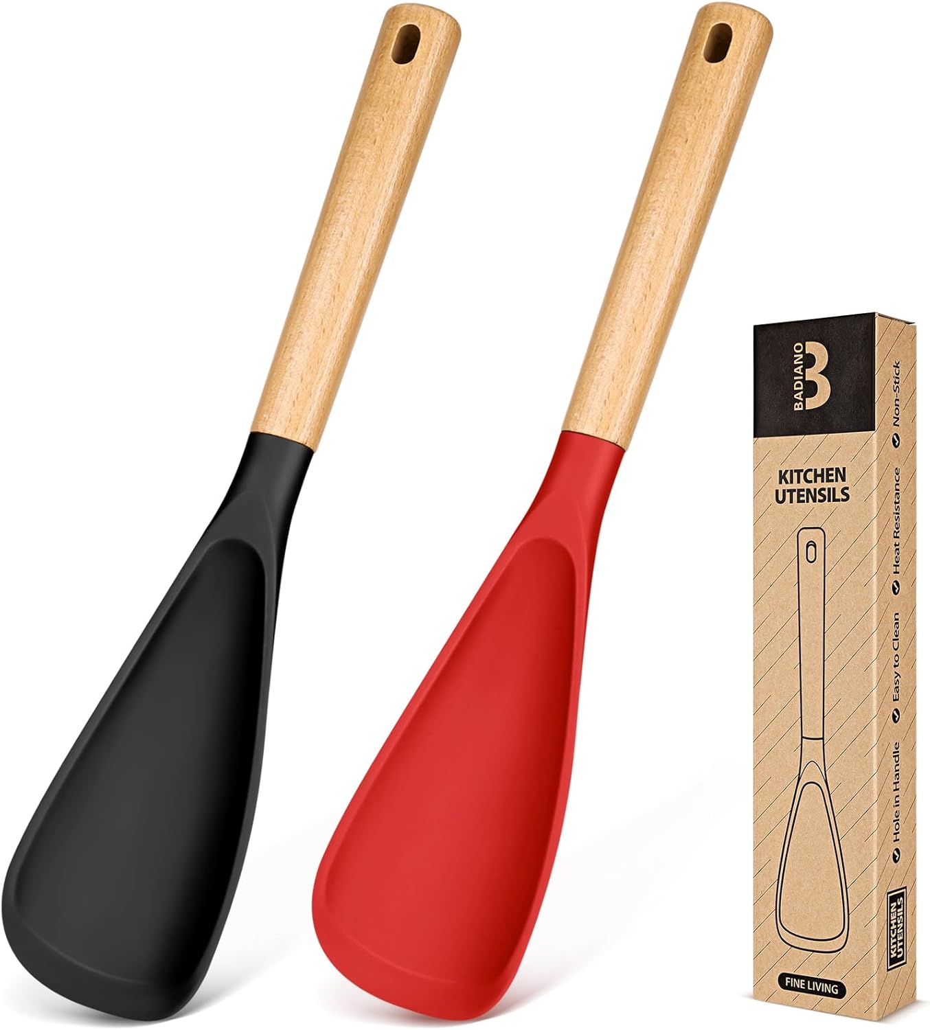 Cooking Spoon for Nonstick Cookwares, Great for Cooking and Serving Sturdy BPA-Free Matte Silicone, Wood Handle Spoon for Mixing, Scoop, and Scrape (Black & Grey, 11.4 inch)