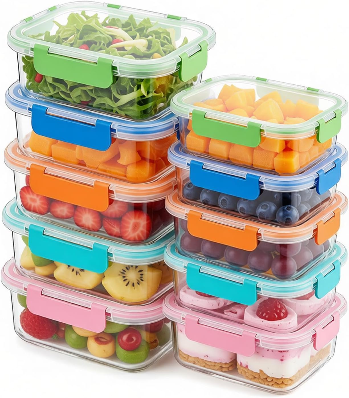 BBV Glass Meal Prep Containers, [10 Pack] Glass Food Storage Containers with Lids, Leak Proof Glass Food Storage Containers with Lids, BPA Free, Microwave Oven Freezer Dishwasher Safe (5color)