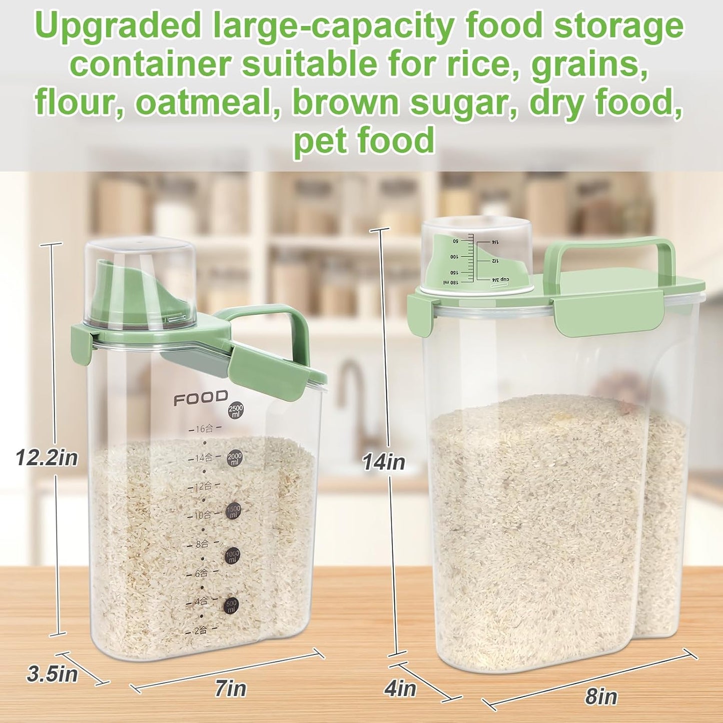 LEAWALK Airtight Rice Storage Container, 7-10Lbs Cereal Dry Food Flour Bin, Pet Dog Cat Food Dispenser with Measuring Cup, BPA Free Plastic Kitchen and Pantry Organization Bin for Sugar-Green