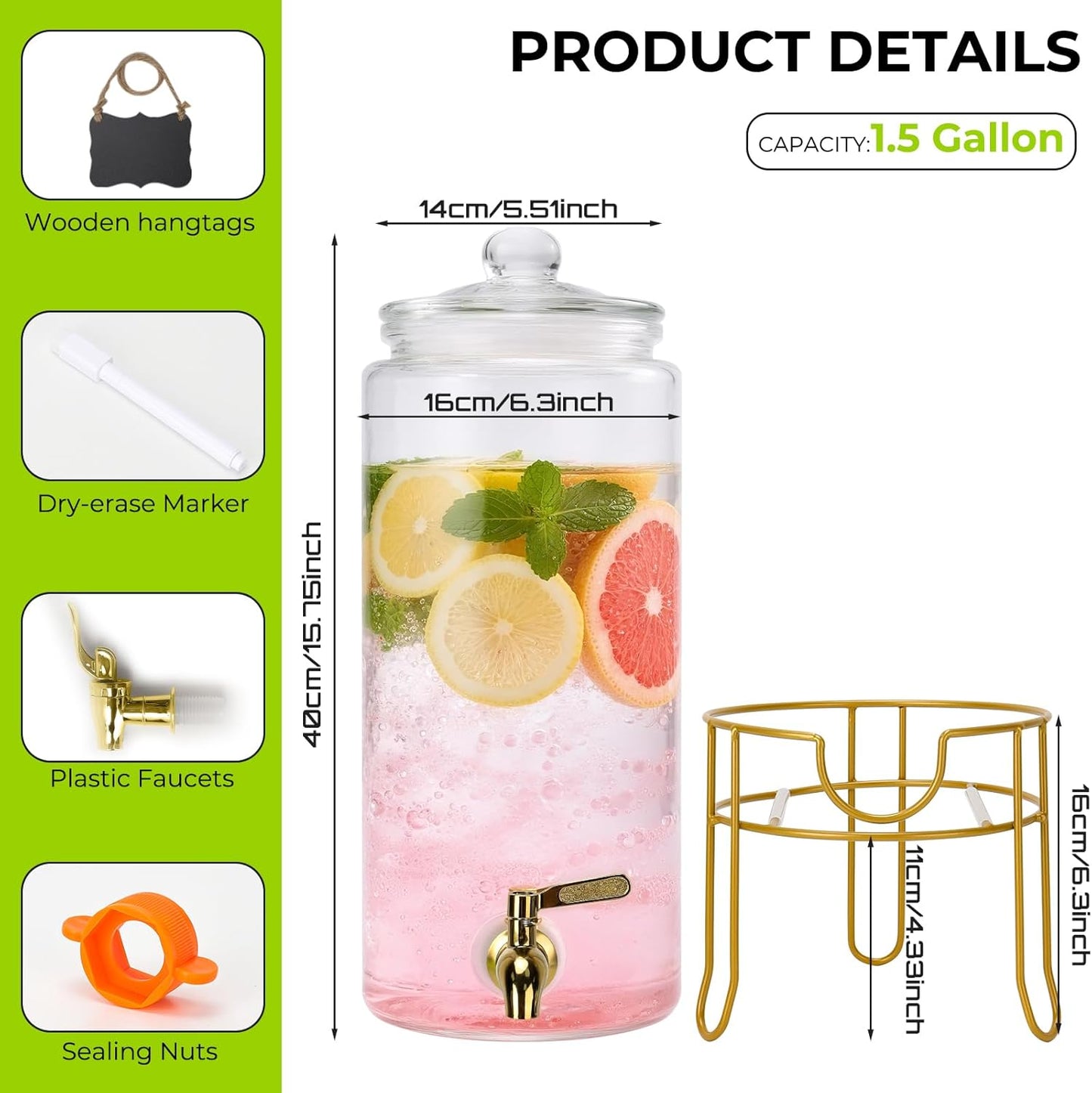 Glass Drink Dispensers For Parties, 1.5 Gallon Beverage Dispenser With Glass Airtight Lids, Gold Metal Stand And Stainless Steel Spigot. Lemonade & Juice Dispenser With Chalk board-One Pack