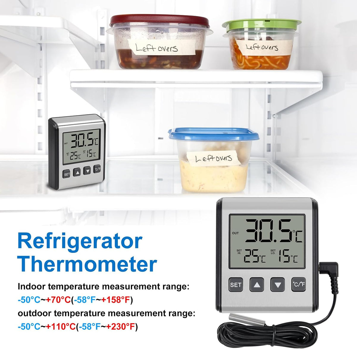 ACEIRMC 2pcs Fridge Refrigerator Thermometer Freezer Thermometer high and Low Temperature Alarm Extra Sensor Big LCD Stainless Panel