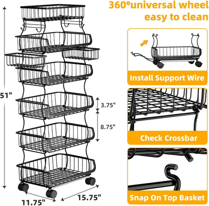 Simple Trending 4 Tier Rolling Cart, Stackable Fruit Vegetable Basket with Wheels and 2 Hanging Basket, Kitchen Storage Metal Wire Basket Stand for Vegetable Snacks, Black