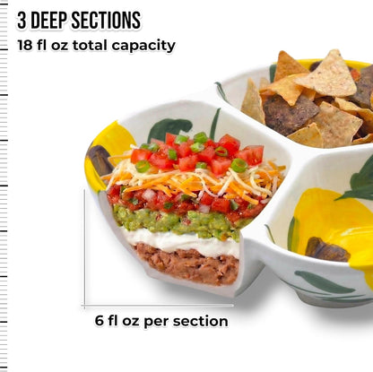 Ceramic Chip & Dip Bowl 7.5”, 3-Compartment Divided Serving Dish & Condiment Tray for Appetizers – Handmade in Spain, Lead-Free Glaze, Microwave, Oven & Dishwasher Safe