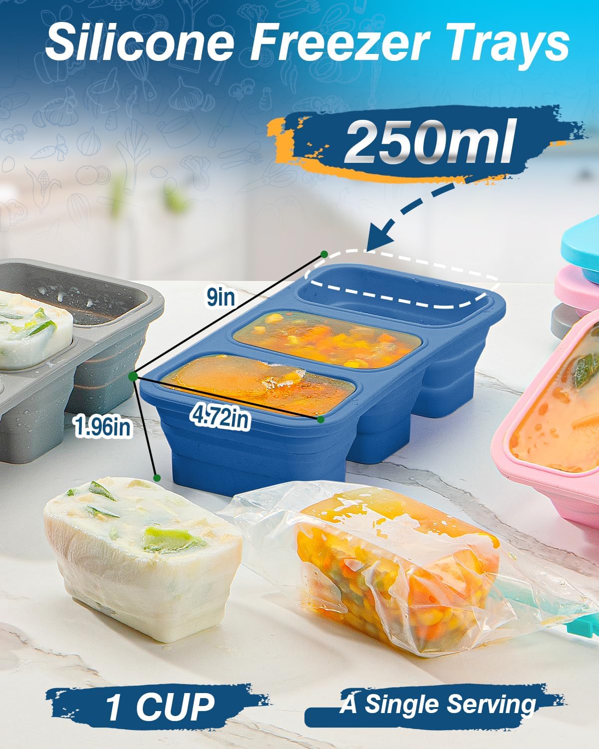 Silicone Freezer Trays With Lid, Stackable 1 Cup Silicone Freezer Molds, Easy To Use Soup Ice Cube Tray, Collapsible Freezing Molds for Meal Prep, Broth, Sauce, Leftovers, Soup Storage Gift Set