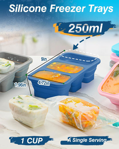 Silicone Freezer Trays With Lid, Stackable 1 Cup Silicone Freezer Molds, Easy To Use Soup Ice Cube Tray, Collapsible Freezing Molds for Meal Prep, Broth, Sauce, Leftovers, Soup Storage Gift Set