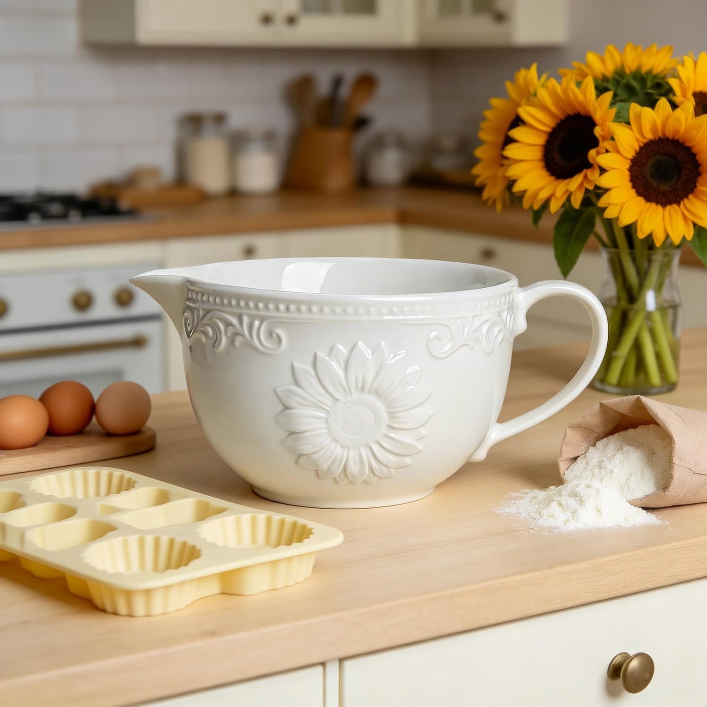 Gaolinci Sunflower Embossed Ceramic Mixing Bowl, 1 Quart Batter Bowl, with Pouring Spout and Handle