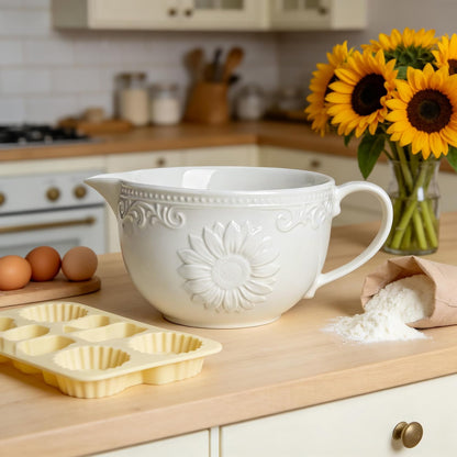 Gaolinci Sunflower Embossed Ceramic Mixing Bowl, 1 Quart Batter Bowl, with Pouring Spout and Handle
