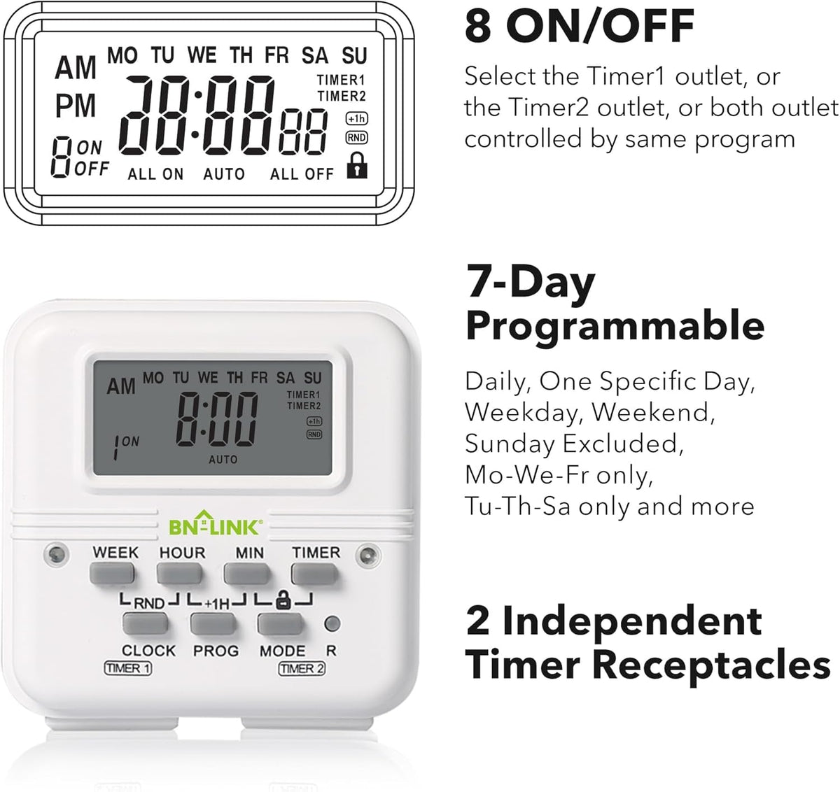 BN-LINK Indoor 7-Day Programmable Digital Timer Outlet, 2 Outlets