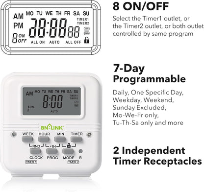 BN-LINK Indoor 7-Day Programmable Digital Timer Outlet, 2 Outlets