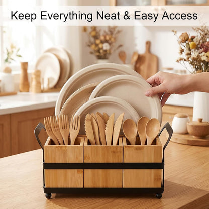 Silverware Caddy with 4 Removable Bamboo Compartments, Wood Utensil Holder & Paper Plate Dispenser for Countertop Organizing, Flatware, Spoons, Forks, Parties, BBQs, Picnics
