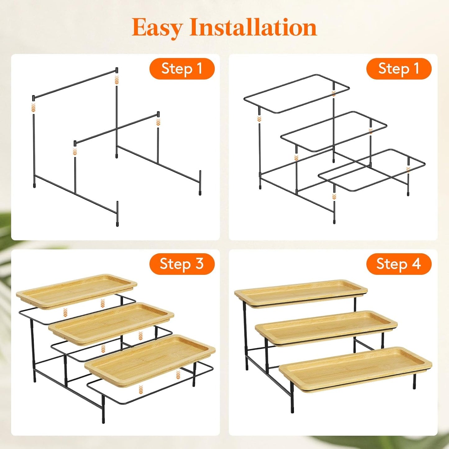 Lifewit 3 Tier Bamboo Serving Tray for Party Supplies, 30 x 17 cm/12" x 6.5" Platters for Serving Food, Reusable Trays with Gold Metal Display Stand for Veggie, Fruit, Cookies, Dessert