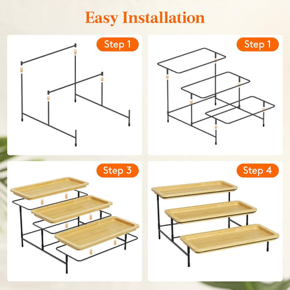 Lifewit 3 Tier Bamboo Serving Tray for Party Supplies, 30 x 17 cm/12" x 6.5" Platters for Serving Food, Reusable Trays with Gold Metal Display Stand for Veggie, Fruit, Cookies, Dessert