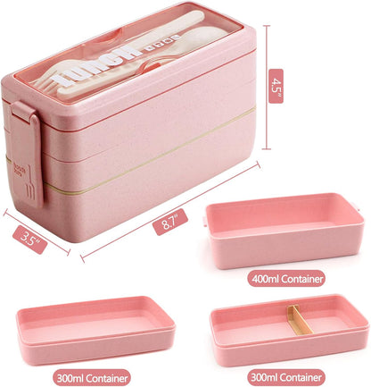 Bento Box Japanese Lunch Box Kit Leakproof Bento Lunch Box for Kids Adults Wheat Straw 3 Layer Stackable Lunch Containers with Compartment Eco-Friendly Meal Prep Containers (Beige)