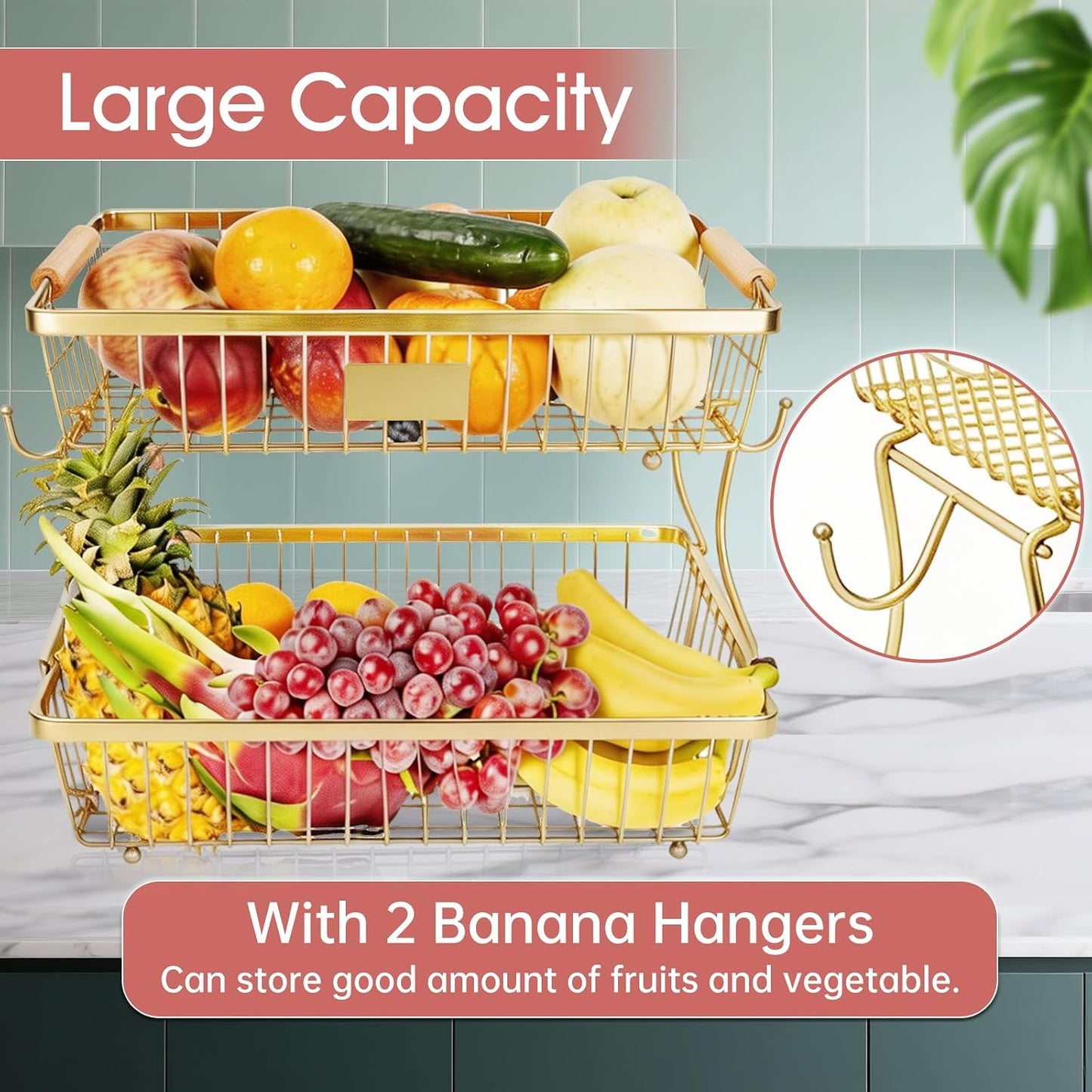 Fruit Basket Bowl 2 Tier Detachable with 2 Banana Hangers, Fruit Stand Holder for Kitchen Countertop, Metal Wire Vegetable Storage Organizer, for Bread Snack Veggies Produce, Black