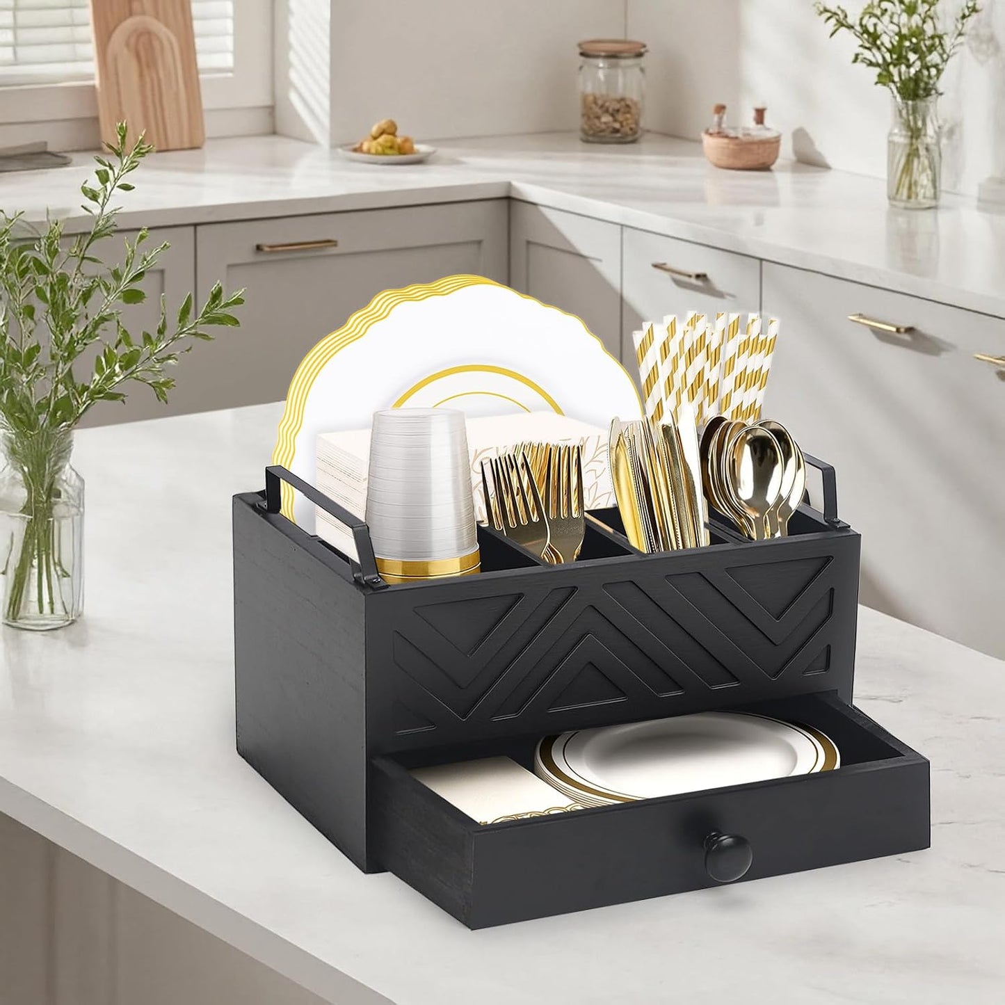 Paper Plate Dispenser with Drawer, country style Wood Kitchen Counter, Picnic, Party, Camping - Caddy Organizer for Cups, Spoons, Forks, Plates, office supplies, Napkins & Silverware