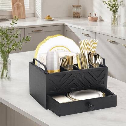 Paper Plate Dispenser with Drawer, country style Wood Kitchen Counter, Picnic, Party, Camping - Caddy Organizer for Cups, Spoons, Forks, Plates, office supplies, Napkins & Silverware