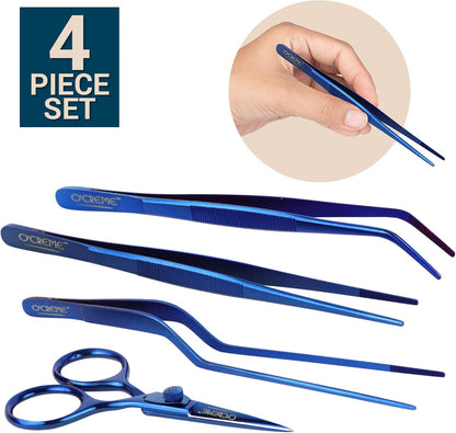 O'Creme Set of Culinary Tweezer Tongs 8 Inch Straight, Offset and Curved, Plus Super Sharp Chef Scissors, Total 4 Pieces (Blue)