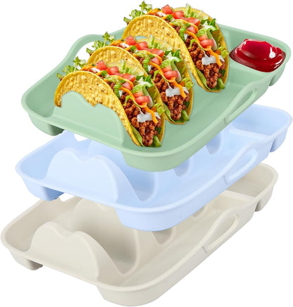 Klyrnd Silicone Taco Holder Set of 2, Reusable Taco Plate with Dividers for Hard & Soft Shells - Microwave & Dishwasher Safe Serving Stand (Grey Beige)
