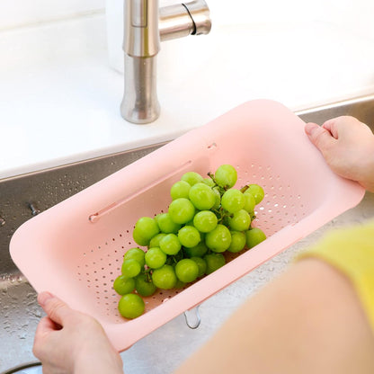 BLUE GINKGO Over the Sink Colander Strainer Basket - Wash Vegetables and Fruits, Drain Cooked Pasta and Dry Dishes - Extendable - New Home Kitchen Essentials (Grey, 1 Pack)