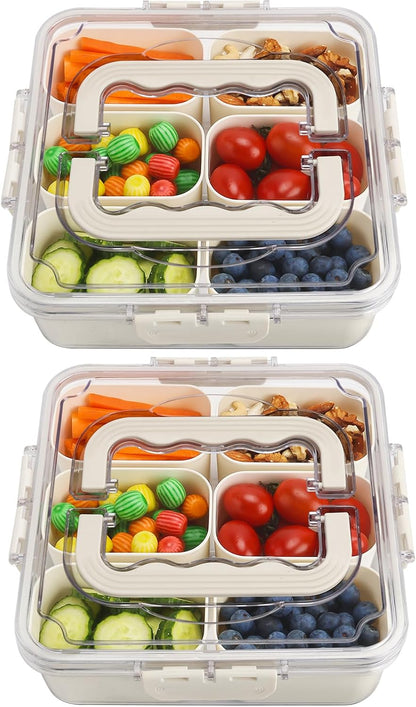 shopwithgreen 2Pcs Divided Serving Tray with Lid and Handle, Portable Snackle Box Snack Containers for Charcuterie, Party, Veggies, Snack, Fruit, Nuts, Candy, Chip, Entertaining, Picnic