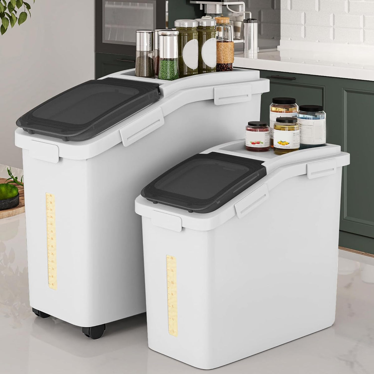 YITAHOME 50L/90lb Large Ingredient Flour Storage Bin, Commercial 11.4-Gallon Rice Storage Container 280 Cups Bulk Flour storage Bins with Wheels,Scoop,Lid and scale, Rice Bin for Kitchen, White